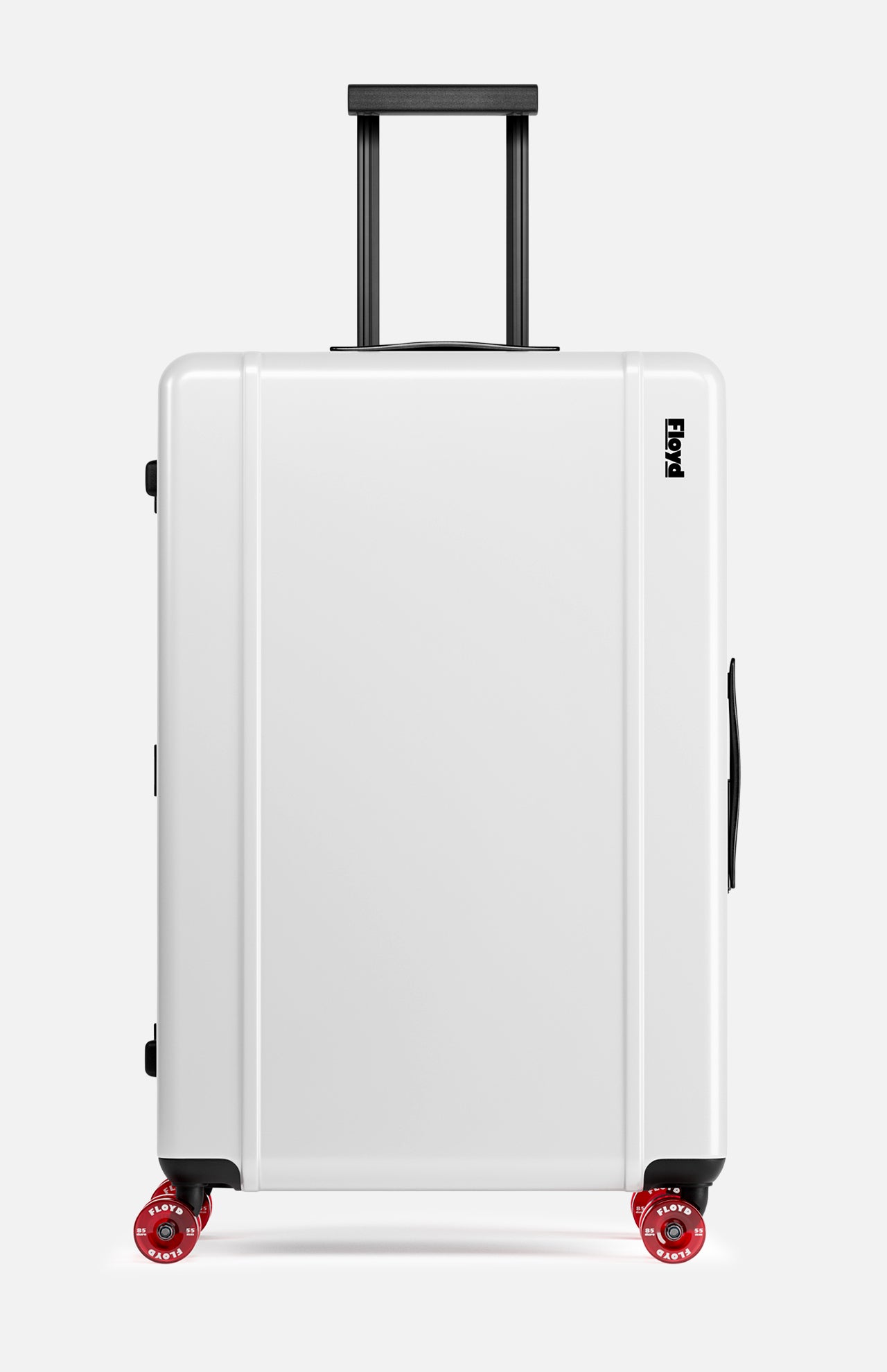 The Trunk Suitcase by FLOYD is a white hard-top check-in suitcase with black handles and four red skateboard spinner wheels, shown upright on a plain background. The FLOYD logo appears near the top right corner.