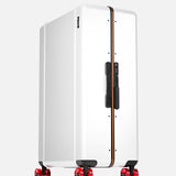 The Trunk Suitcase by FLOYD is a modern white hard-top case with a black handle, orange accent stripe, and four transparent red skateboard spinner wheels, shown upright on a plain light background.