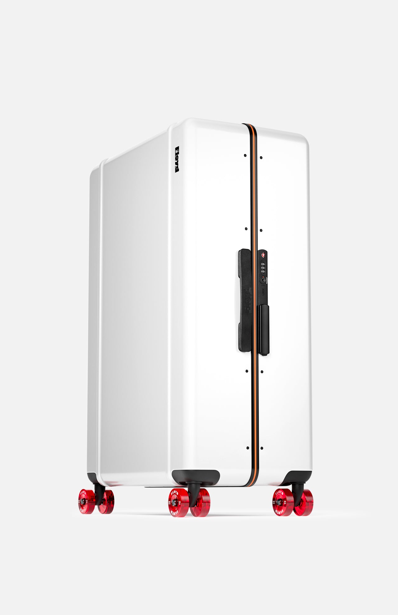 The Trunk Suitcase by FLOYD is a modern white hard-top case with a black handle, orange accent stripe, and four transparent red skateboard spinner wheels, shown upright on a plain light background.