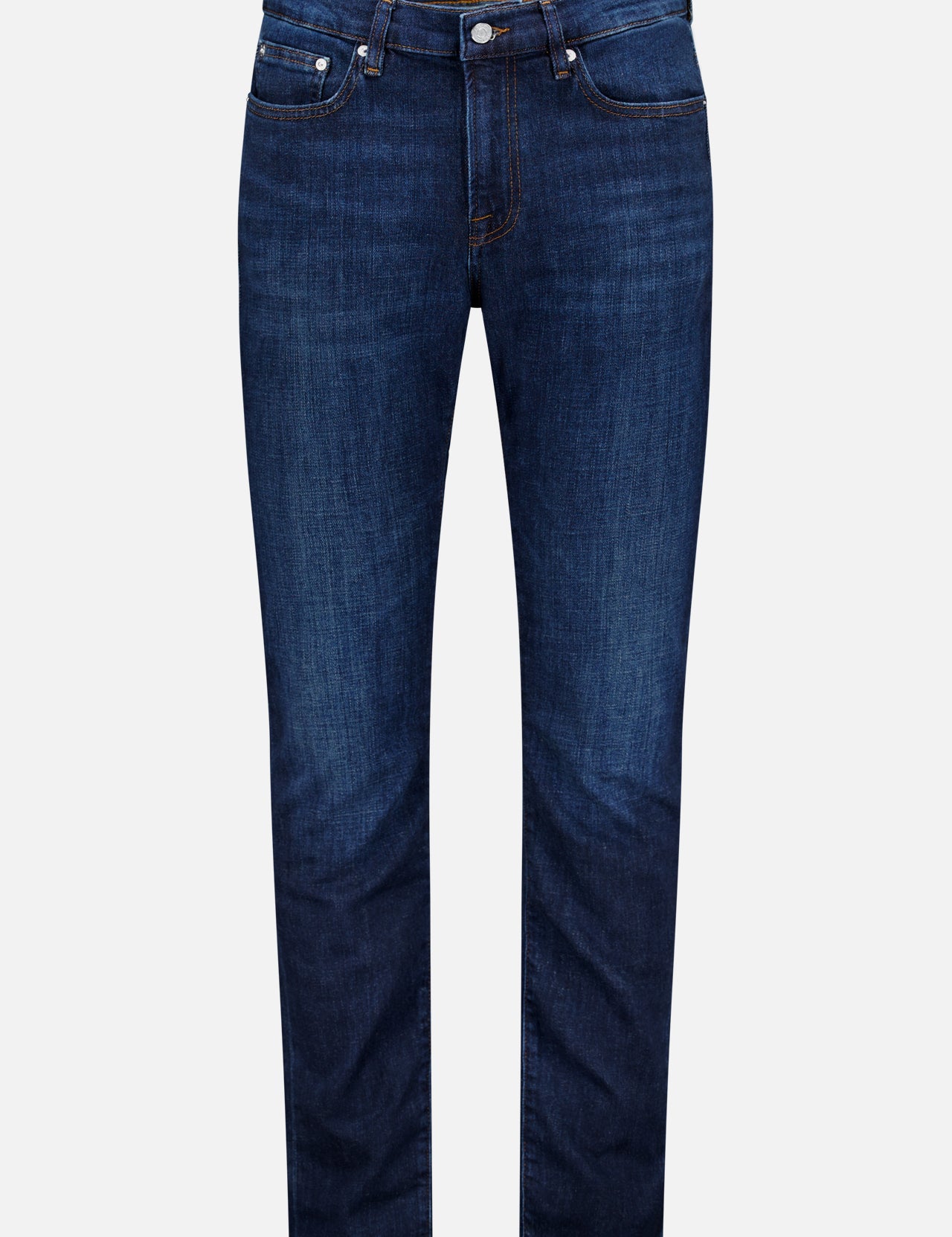A pair of Frame L’Homme Slim Jeans in Baltic, crafted from premium stretch denim with an ultra-dark blue wash, featuring a slim fit silhouette, five-pocket styling, orange stitching, and a button closure, displayed against a plain white background.