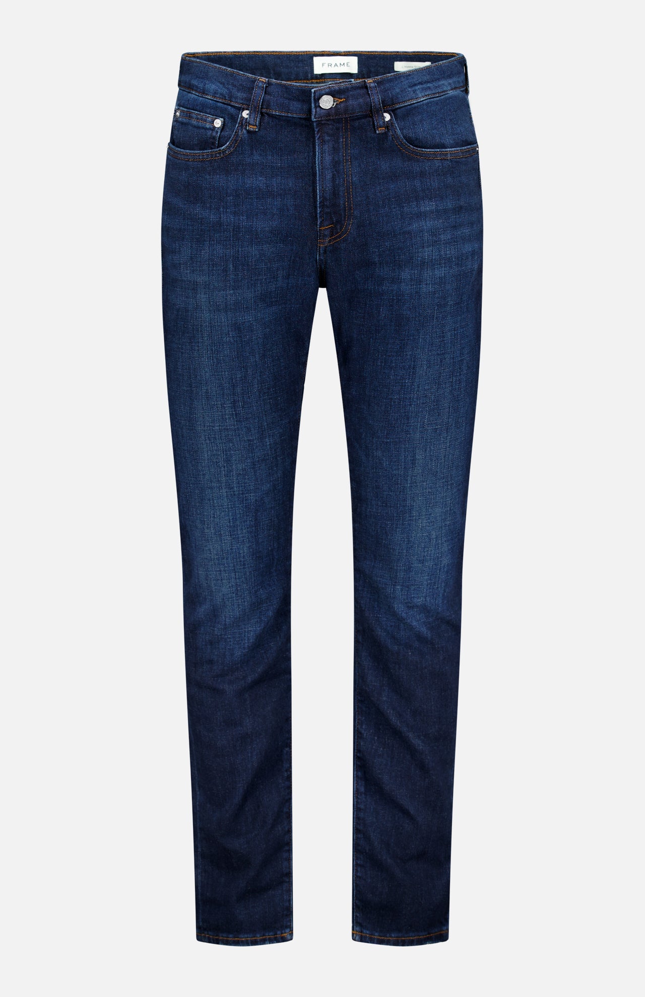 A pair of Frame L’Homme Slim Jeans in Baltic, crafted from premium stretch denim with an ultra-dark blue wash, featuring a slim fit silhouette, five-pocket styling, orange stitching, and a button closure, displayed against a plain white background.