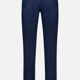 Back view of the L’Homme Slim Jean in Baltic by Frame, an ultra-dark blue slim fit crafted from premium stretch denim with two back pockets and visible stitching, displayed against a plain white background.