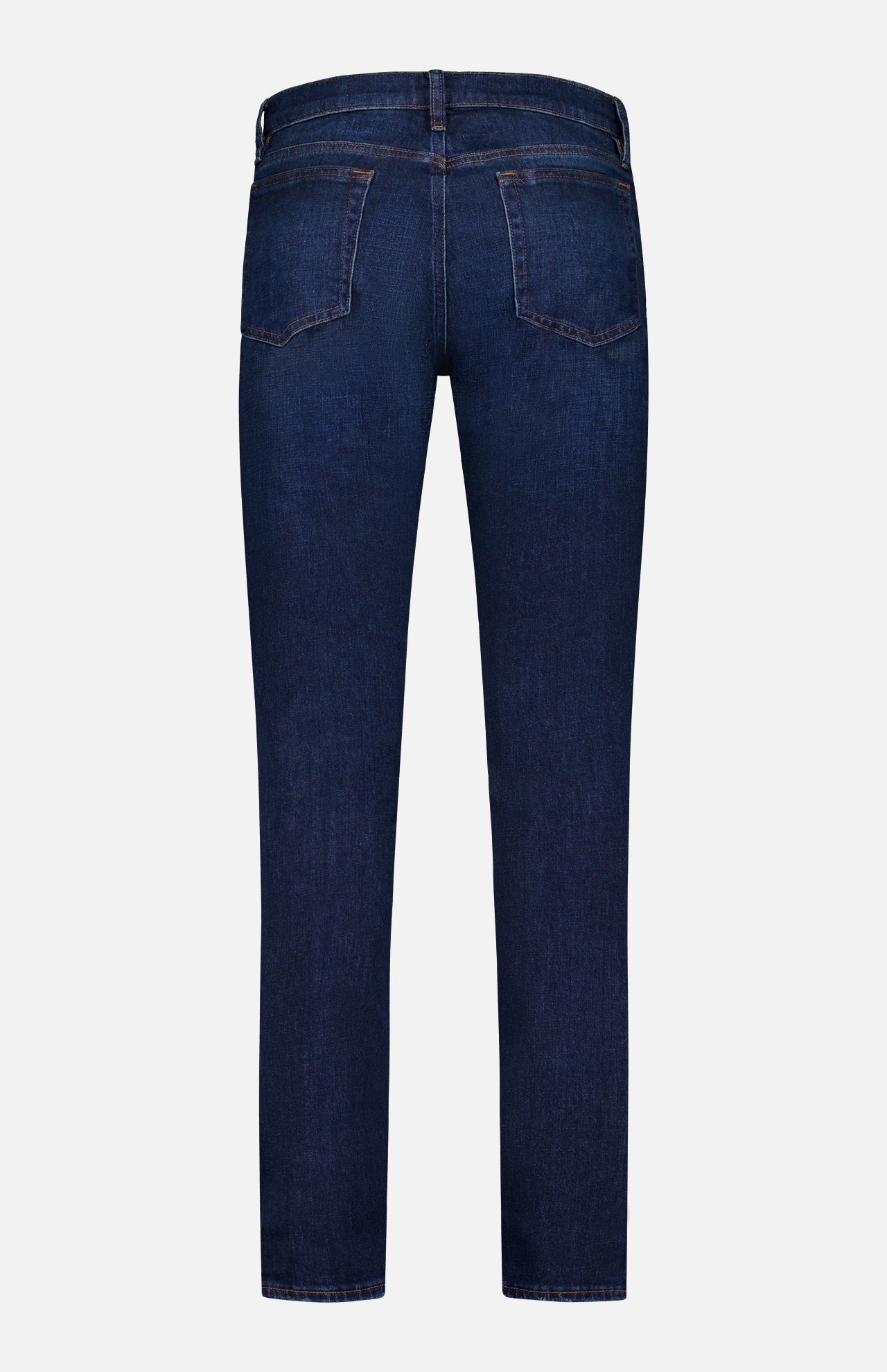 Back view of the L’Homme Slim Jean in Baltic by Frame, an ultra-dark blue slim fit crafted from premium stretch denim with two back pockets and visible stitching, displayed against a plain white background.