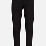 The L’Homme Slim Pant in Noir by Frame is crafted from premium stretch denim in a black slim-fit silhouette, featuring a button and zip closure with both front and back pockets, displayed on a white background.