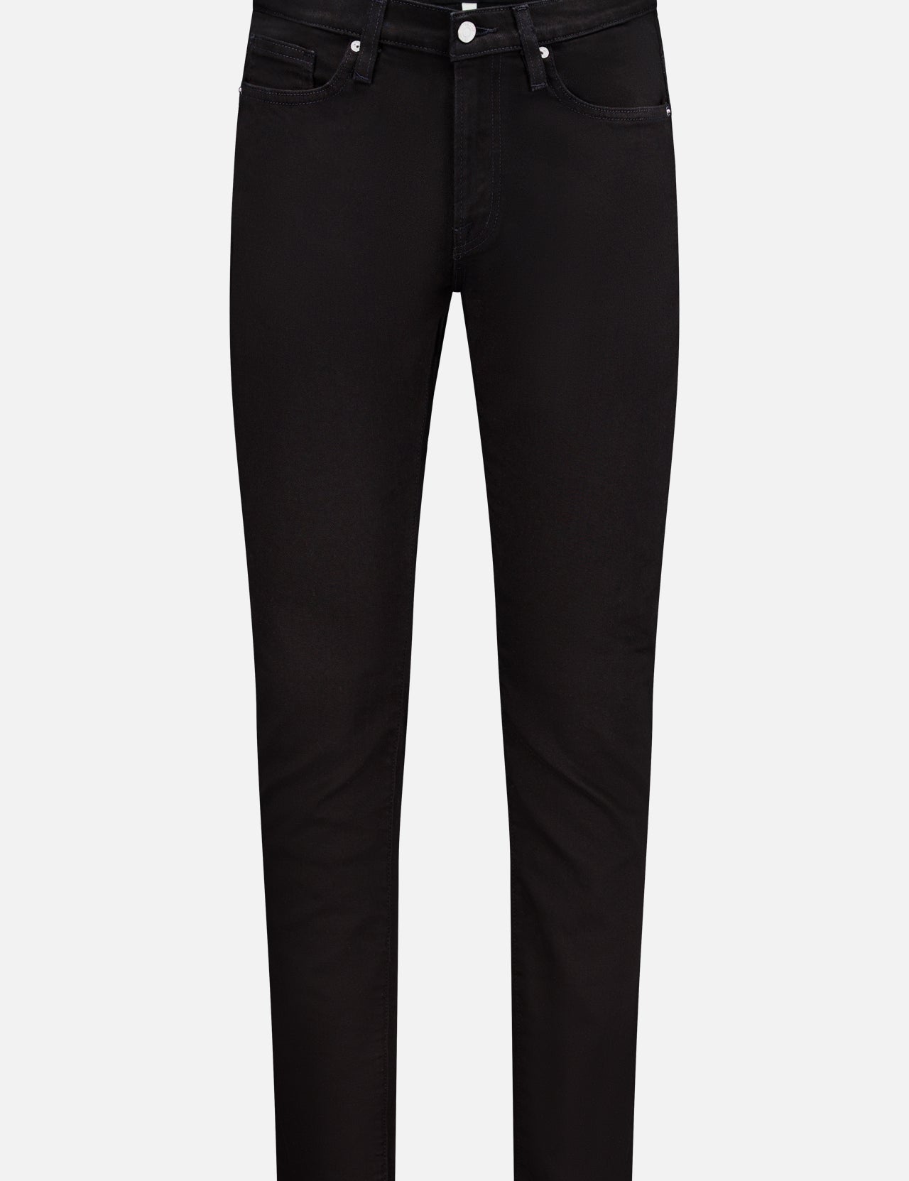 The L’Homme Slim Pant in Noir by Frame is crafted from premium stretch denim in a black slim-fit silhouette, featuring a button and zip closure with both front and back pockets, displayed on a white background.
