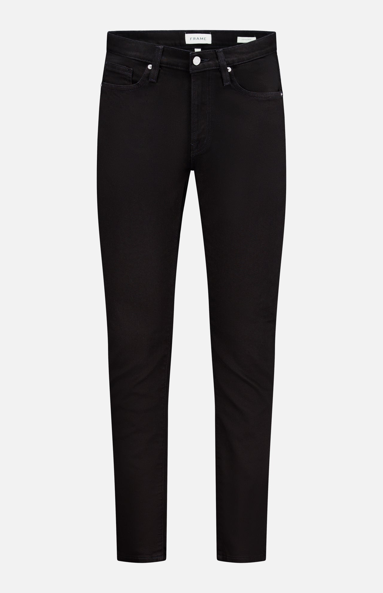 The L’Homme Slim Pant in Noir by Frame is crafted from premium stretch denim in a black slim-fit silhouette, featuring a button and zip closure with both front and back pockets, displayed on a white background.