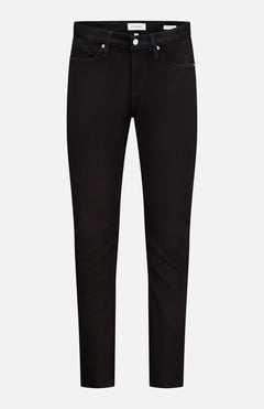The L’Homme Slim Pant in Noir by Frame is crafted from premium stretch denim in a black slim-fit silhouette, featuring a button and zip closure with both front and back pockets, displayed on a white background.