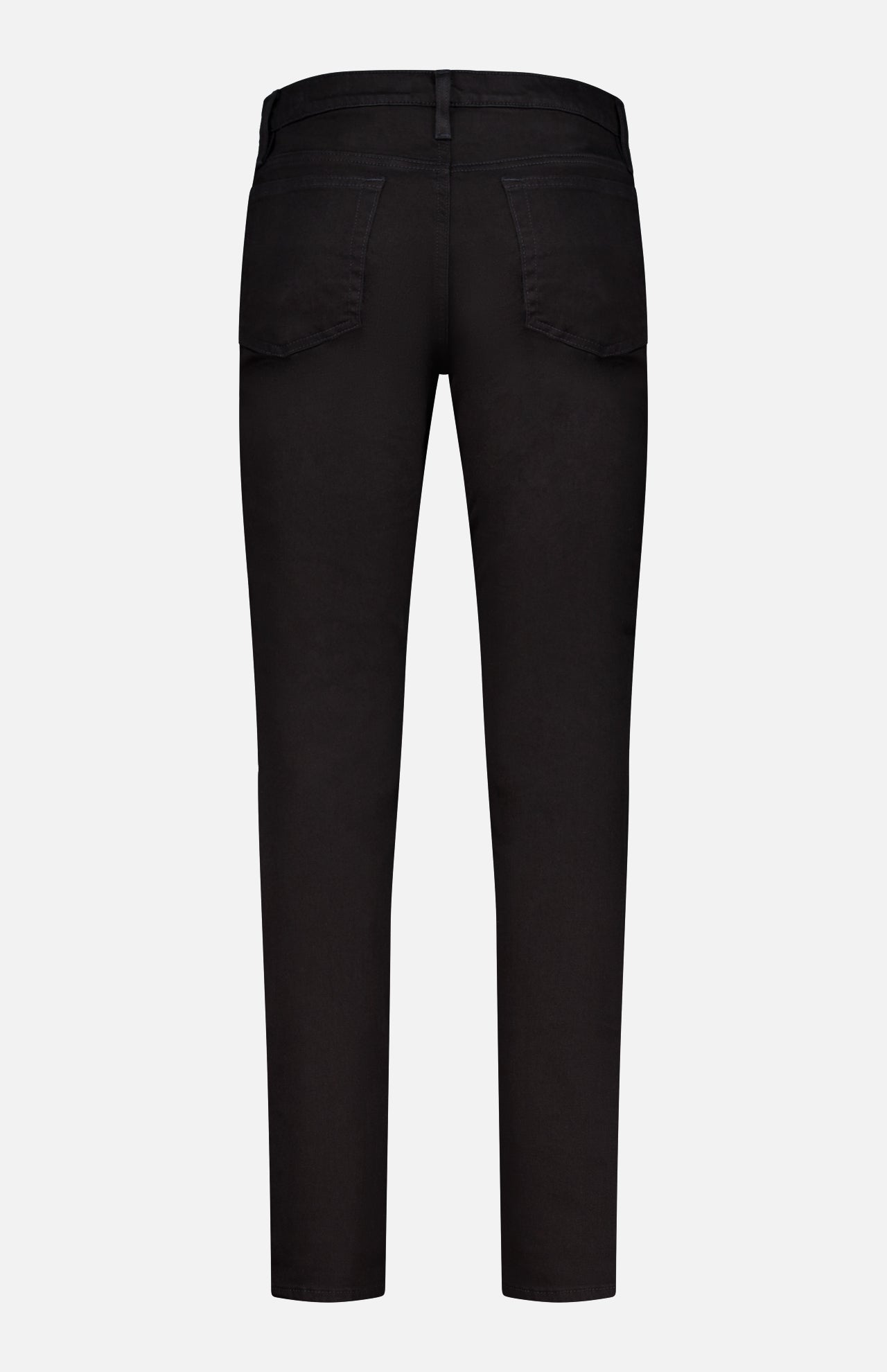 Back view of the Frame L’Homme Slim Pant in Noir, featuring two rear pockets, belt loops, and straight legs crafted from stretch denim, displayed on a plain white background.