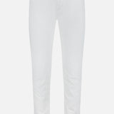 L’Homme Slim Pant in Whisper White by Frame, crafted from premium stretch denim, showcases a slim fit with five pockets, button and zipper closure, and belt loops—presented against a plain white background.