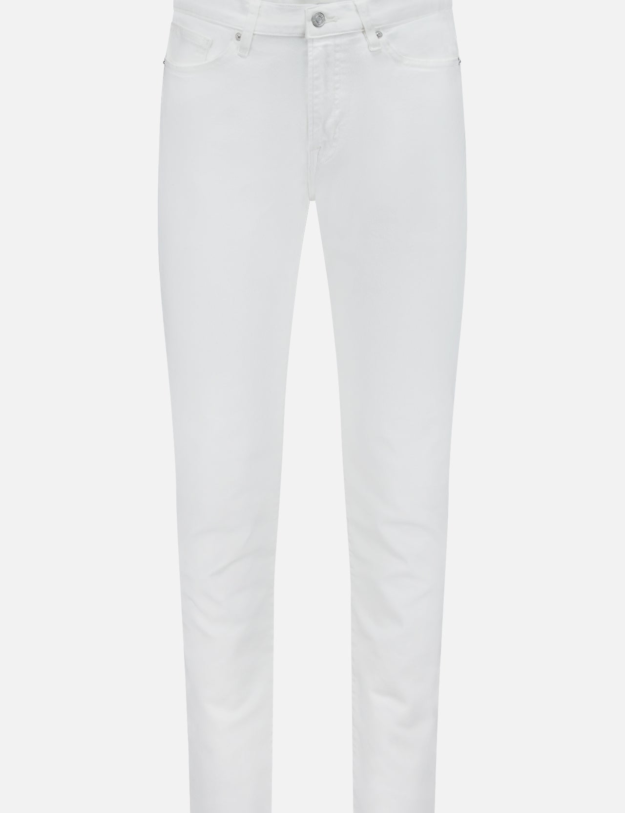 L’Homme Slim Pant in Whisper White by Frame, crafted from premium stretch denim, showcases a slim fit with five pockets, button and zipper closure, and belt loops—presented against a plain white background.