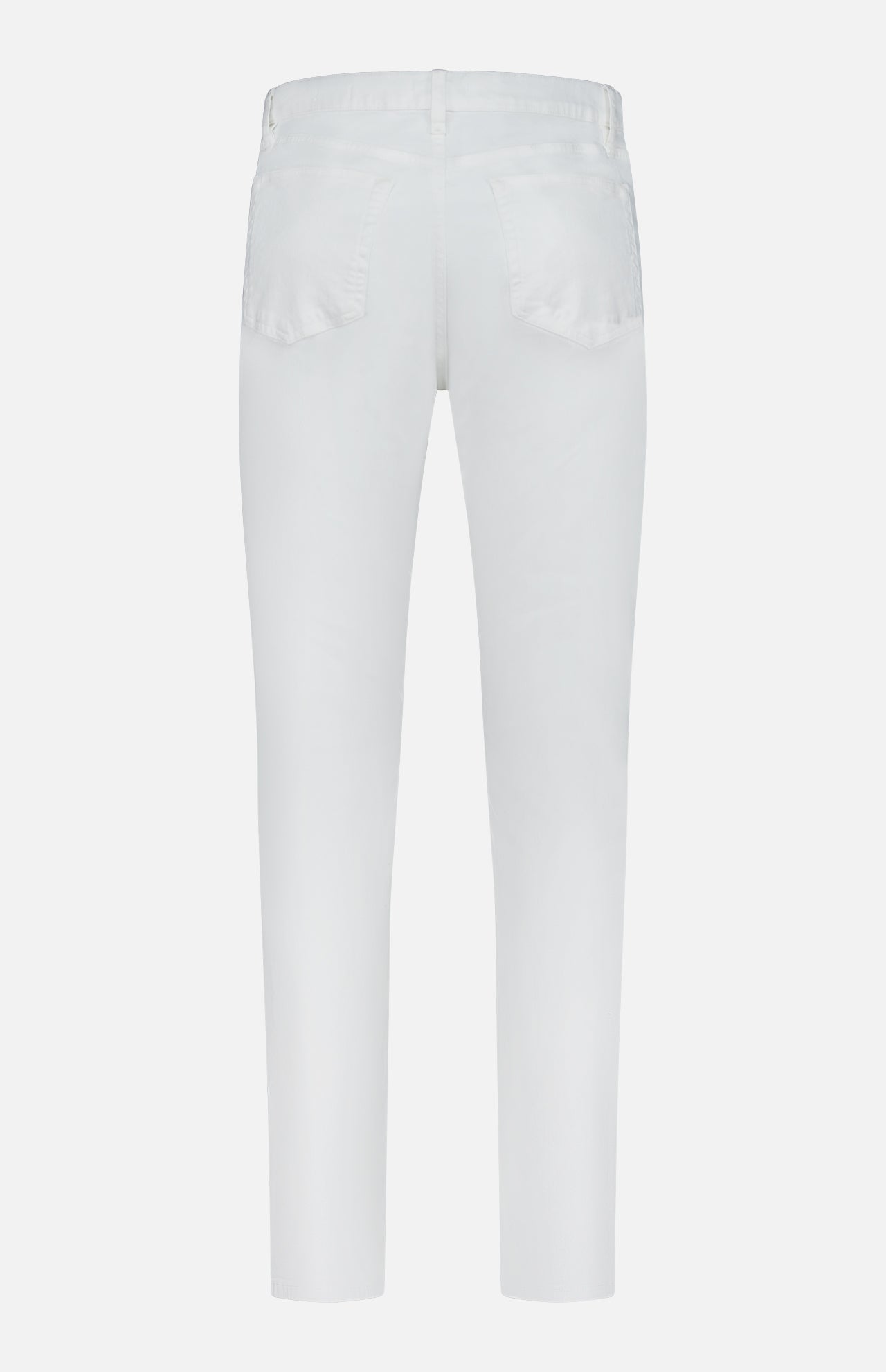 Back view of the Frame L’Homme Slim Pant in Whisper White, featuring two back pockets, straight legs, and belt loops at the waistband, crafted from premium stretch denim and displayed on a plain white background.