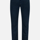 Modern Straight Pant in Placid by Frame, featuring a dark navy wash, crafted from comfort stretch denim with a straight fit. Designed with five pockets, a button closure, and belt loops, displayed on a plain white background.