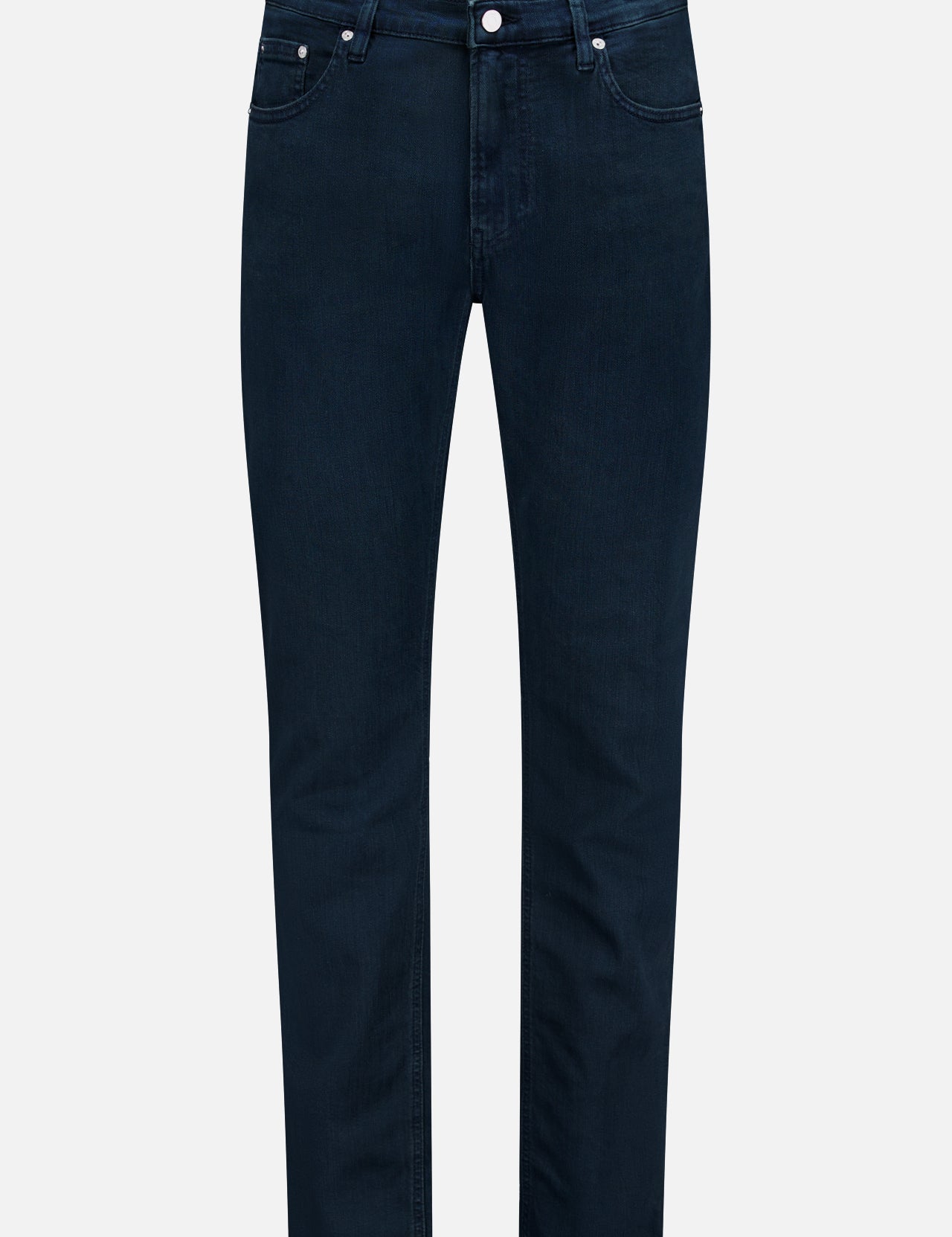 Modern Straight Pant in Placid by Frame, featuring a dark navy wash, crafted from comfort stretch denim with a straight fit. Designed with five pockets, a button closure, and belt loops, displayed on a plain white background.