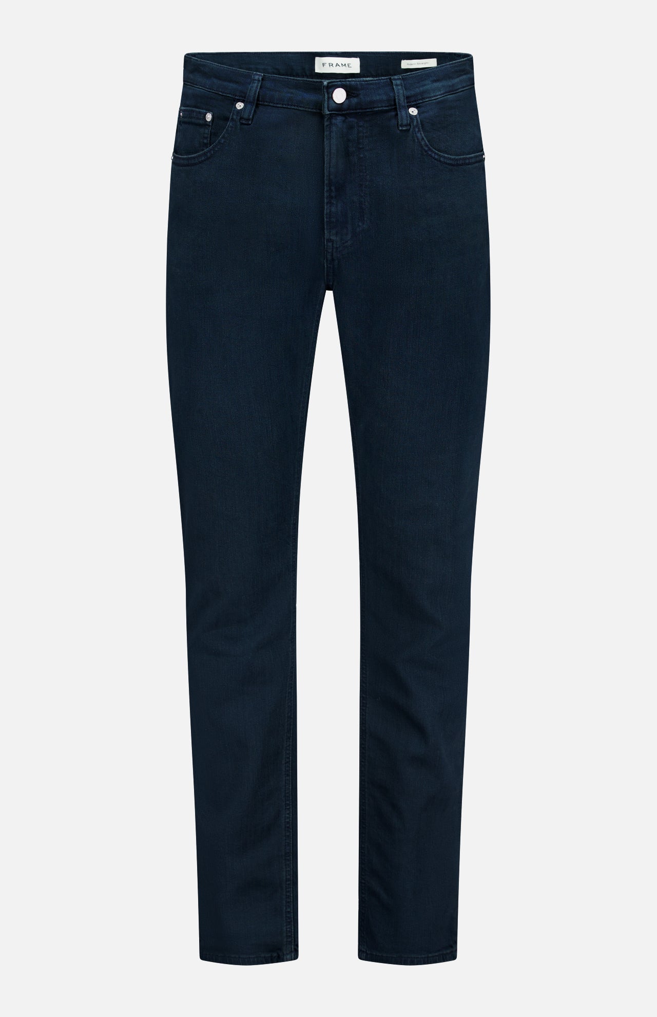 Modern Straight Pant in Placid by Frame, featuring a dark navy wash, crafted from comfort stretch denim with a straight fit. Designed with five pockets, a button closure, and belt loops, displayed on a plain white background.