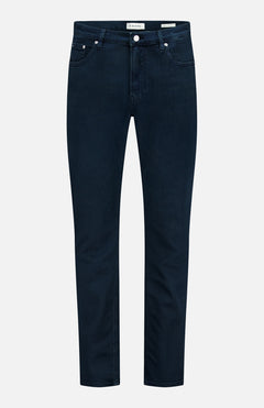 Modern Straight Pant in Placid by Frame, featuring a dark navy wash, crafted from comfort stretch denim with a straight fit. Designed with five pockets, a button closure, and belt loops, displayed on a plain white background.