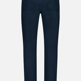 The Modern Straight Pant in Placid by Frame is shown from the back against a plain white background, highlighting its dark navy wash, two back pockets, belt loops, and comfort stretch denim designed for all-day wear.