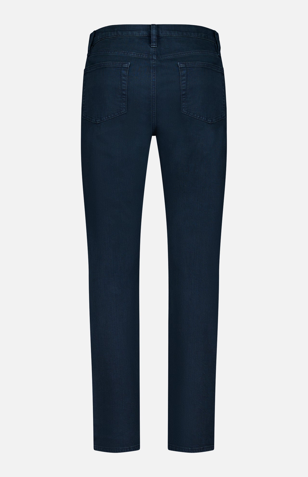 The Modern Straight Pant in Placid by Frame is shown from the back against a plain white background, highlighting its dark navy wash, two back pockets, belt loops, and comfort stretch denim designed for all-day wear.