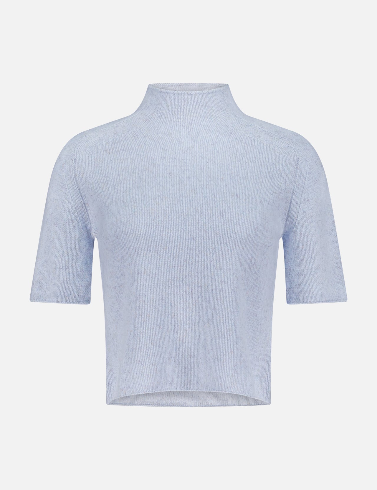 The LISA YANG Fride D Cashmere Sweater is a light blue, short-sleeved, ribbed-knit crop top with a mock neckline and cropped silhouette, shown on a plain white background.