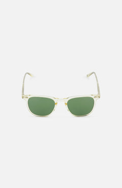 The GARRETT LEIGHT Brooks Square Transparent Sunglasses feature clear frames and arms with rectangular green lenses, offering a modern, minimalist look. Shown against a plain white background.