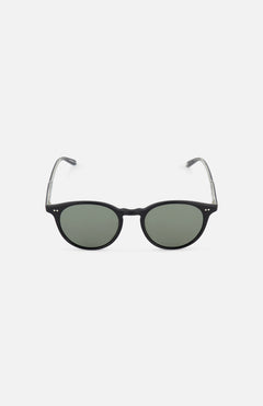 The Clune Round Black Sunglasses by GARRETT LEIGHT feature a sleek black acetate frame, dark lenses, and thin arms, shown against a plain white background.