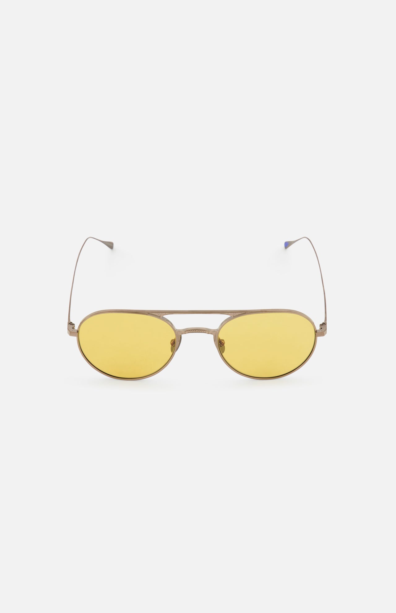 The GARRETT LEIGHT Benny J Round Natural Sunglasses feature thin metallic frames and yellow-tinted lenses, displayed against a plain white background.