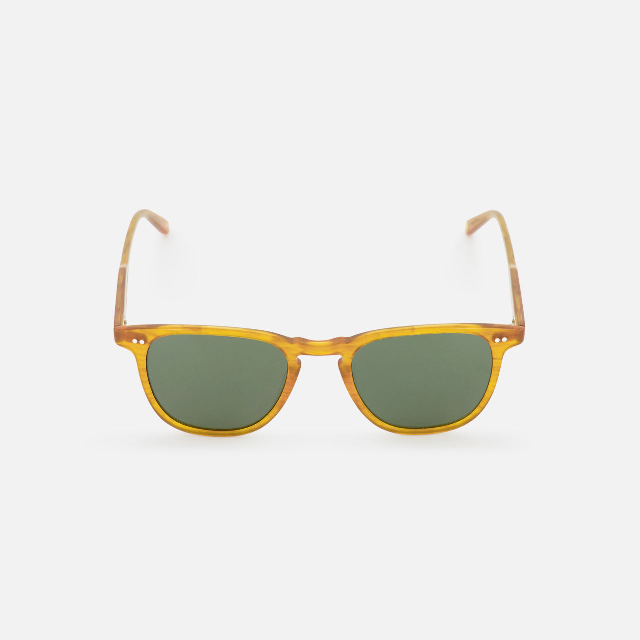 The GARRETT LEIGHT Brooks Square Light Brown Sunglasses feature a yellow-brown acetate frame and green tinted lenses, showcased on a plain white background.