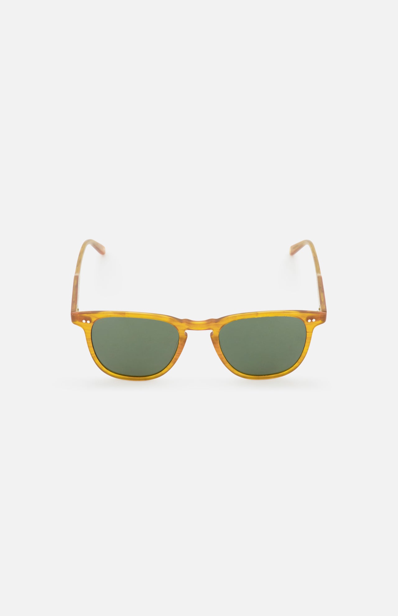 The GARRETT LEIGHT Brooks Square Light Brown Sunglasses feature a yellow-brown acetate frame and green tinted lenses, showcased on a plain white background.