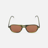 Doc Green Round Sunglasses by GARRETT LEIGHT, featuring olive green acetate frames with brown-tinted lenses, shown facing forward on a plain white background.