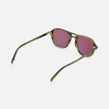 GARRETT LEIGHT Doc Green Round Sunglasses featuring an olive green double bridge frame with purple-tinted lenses, displayed from a rear side angle on a plain white background.