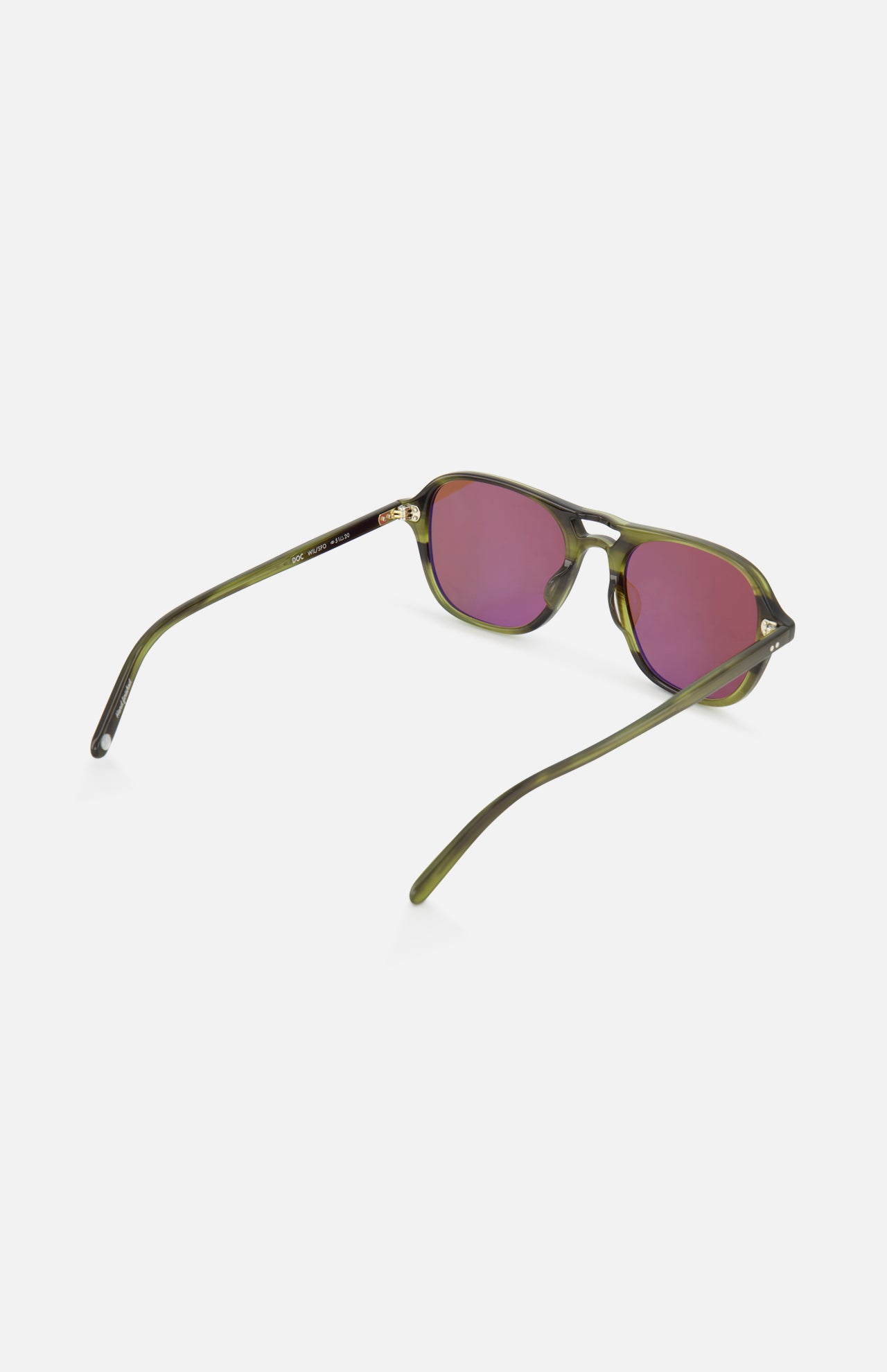 GARRETT LEIGHT Doc Green Round Sunglasses featuring an olive green double bridge frame with purple-tinted lenses, displayed from a rear side angle on a plain white background.