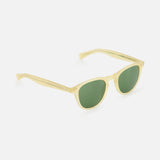The GARRETT LEIGHT Hampton X Round Neutral Sunglasses feature round acetate frames in light yellow translucent and green tinted lenses, shown against a white background.
