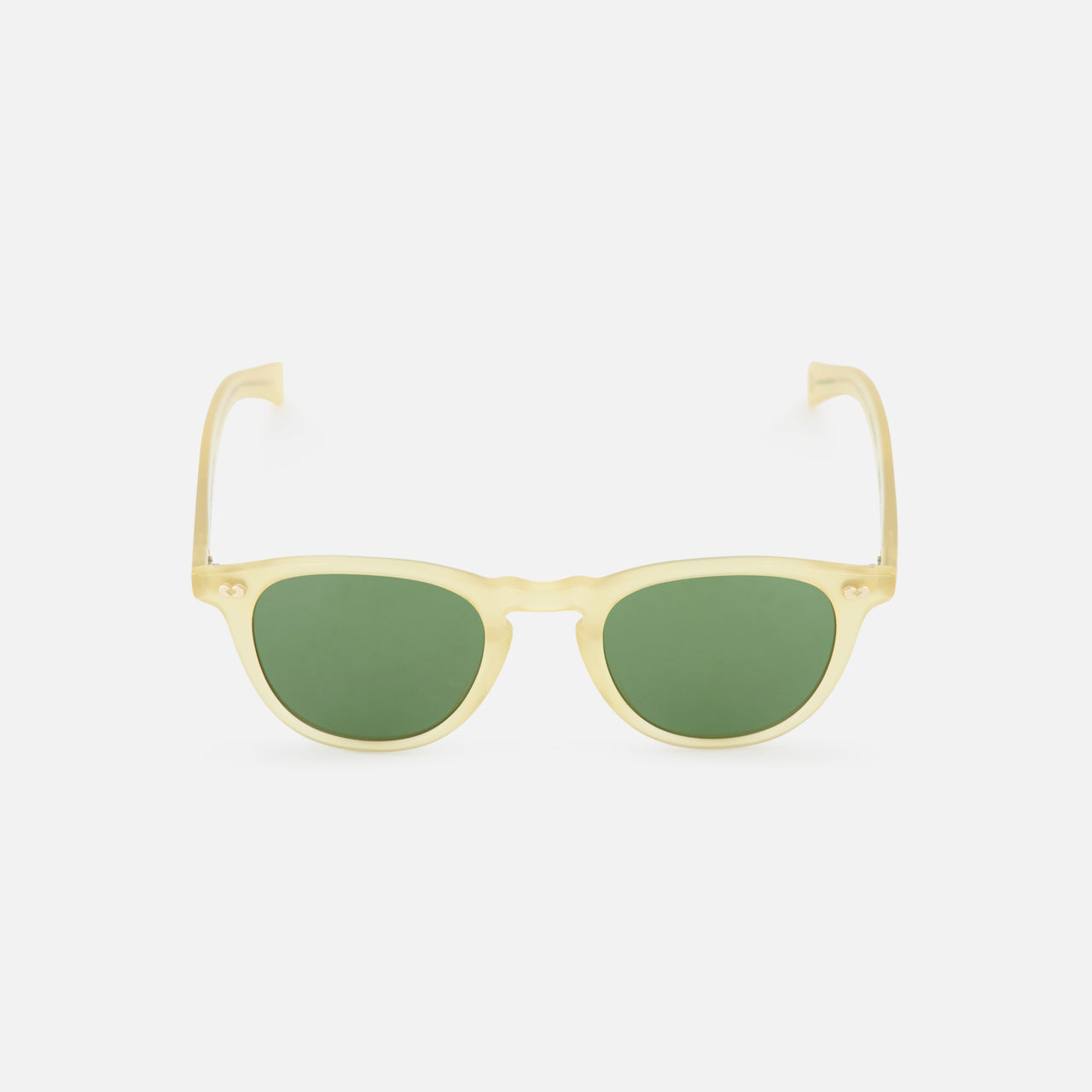 The GARRETT LEIGHT Hampton X Round Neutral Sunglasses feature honey-colored acetate frames and green-tinted oval lenses, shown against a plain white background.