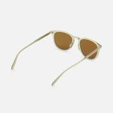 The GARRETT LEIGHT Kinney Softly Squared Beige Sunglasses feature acetate semi-square frames in translucent light green and brown lenses, displayed from the rear on a plain white background.