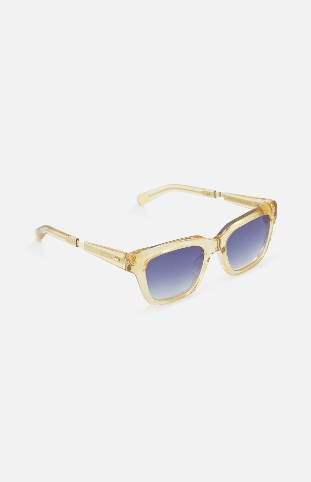 The GARRETT LEIGHT Maven Square Champagne Sunglasses feature striking blue gradient lenses.