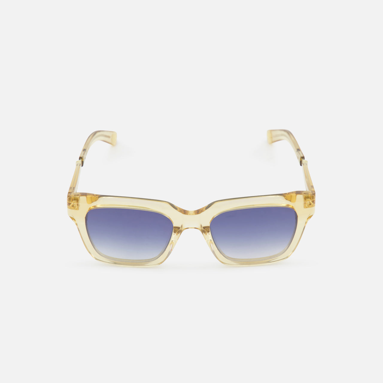The GARRETT LEIGHT Maven Square Champagne Sunglasses feature translucent yellow frames and bold blue gradient lenses, showcased against a plain white background.