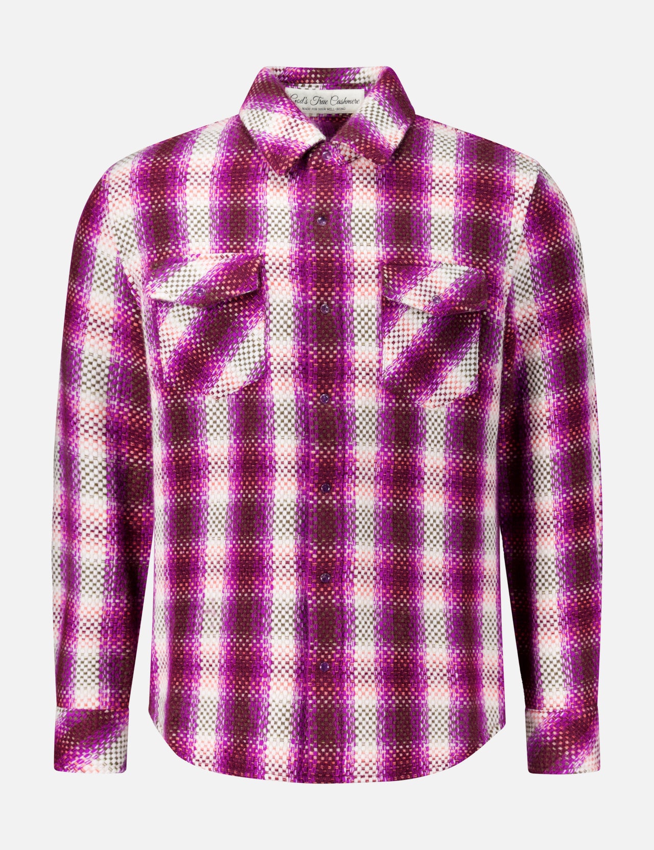 Frontier Plaid Cashmere Shirt in a magenta and white long-sleeve plaid pattern with two button-flap chest pockets.