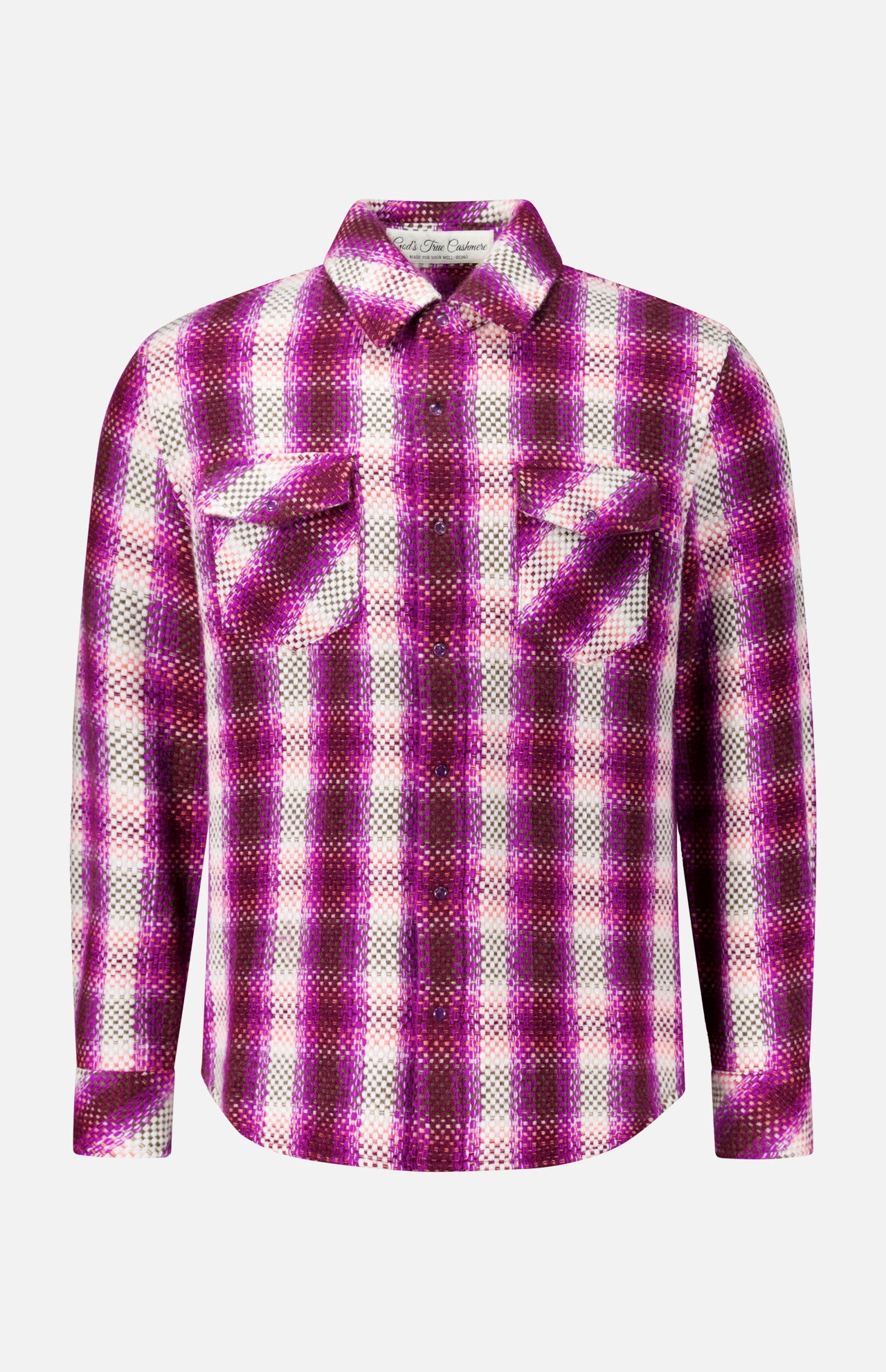 Frontier Plaid Cashmere Shirt in a magenta and white long-sleeve plaid pattern with two button-flap chest pockets.