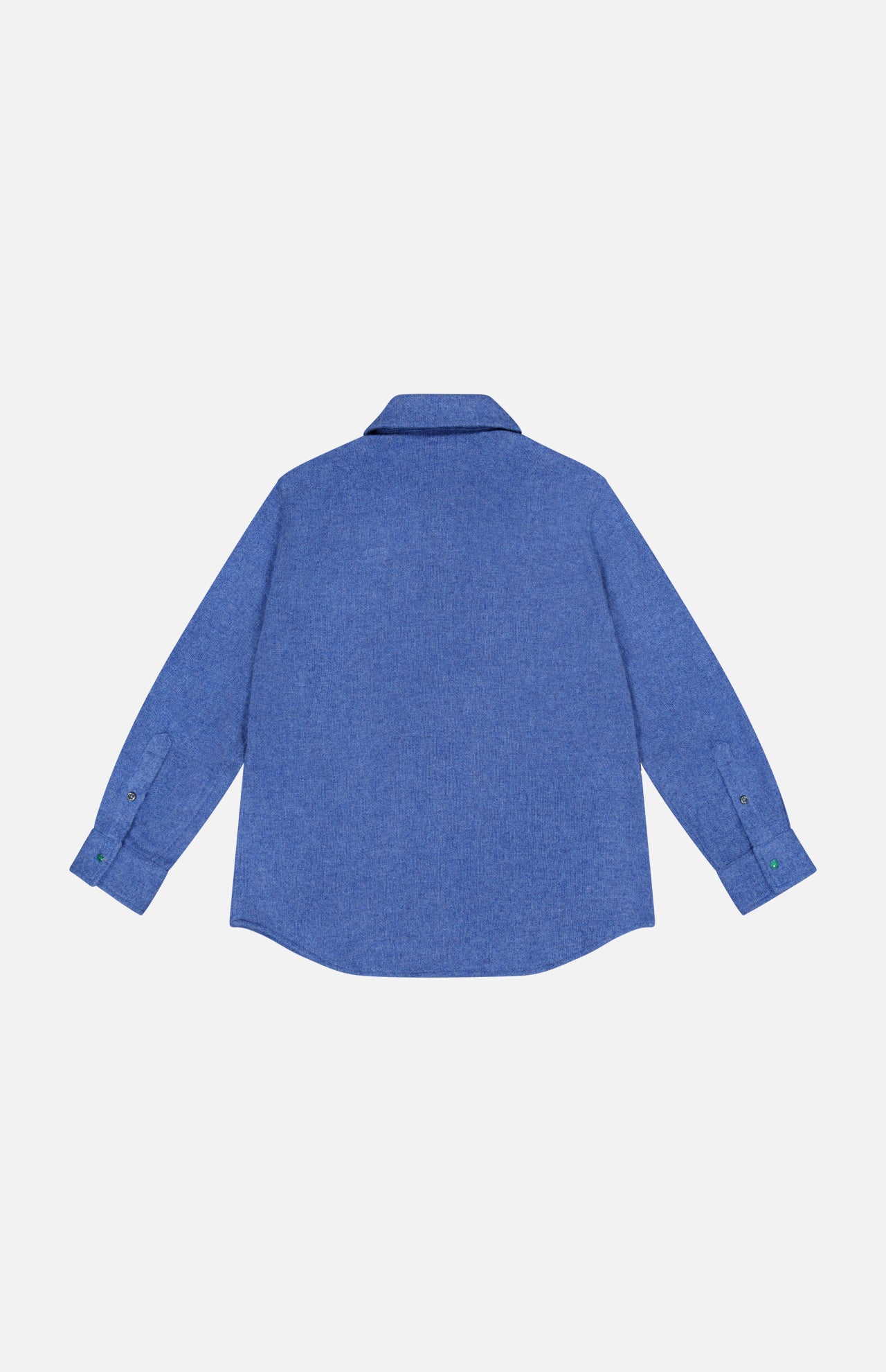 Solid Cashmere Shirt with Malachite Buttons by God’s True Cashmere, displayed from the back in blue, features a classic collar, buttoned cuffs adorned with malachite gemstone snaps, and a slightly curved hem. Shown against a plain white background.