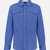 The Solid Cashmere Shirt with Malachite Buttons by God’s True Cashmere is a long-sleeve, button-up unisex blue shirt featuring malachite gemstone buttons, two chest flap pockets, and a collar, displayed on a plain white background.