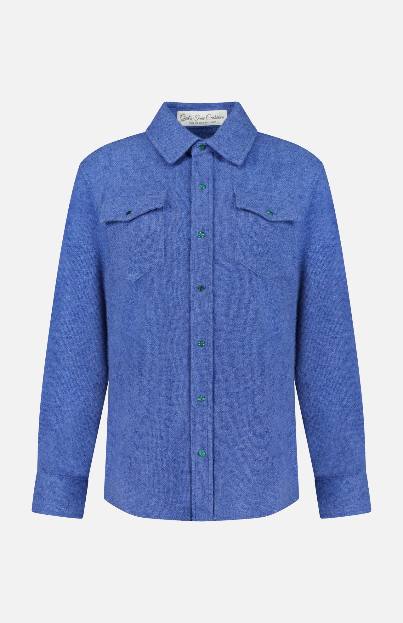 The Solid Cashmere Shirt with Malachite Buttons by God’s True Cashmere is a long-sleeve, button-up unisex blue shirt featuring malachite gemstone buttons, two chest flap pockets, and a collar, displayed on a plain white background.