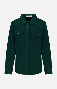 The Solid Cashmere Shirt with Malachite Buttons by God’s True Cashmere is a dark green unisex button-up featuring long sleeves, a pointed collar, adjustable cuffs, and two chest pockets with flaps and malachite buttons. Expertly crafted from soft cashmere for a luxurious feel, it is displayed against a plain white background.