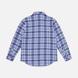 A God’s True Cashmere Plaid Cashmere Shirt with Amethyst Button, featuring a blue, purple, and white plaid pattern and long sleeves, is laid flat facing backward on a plain white background.