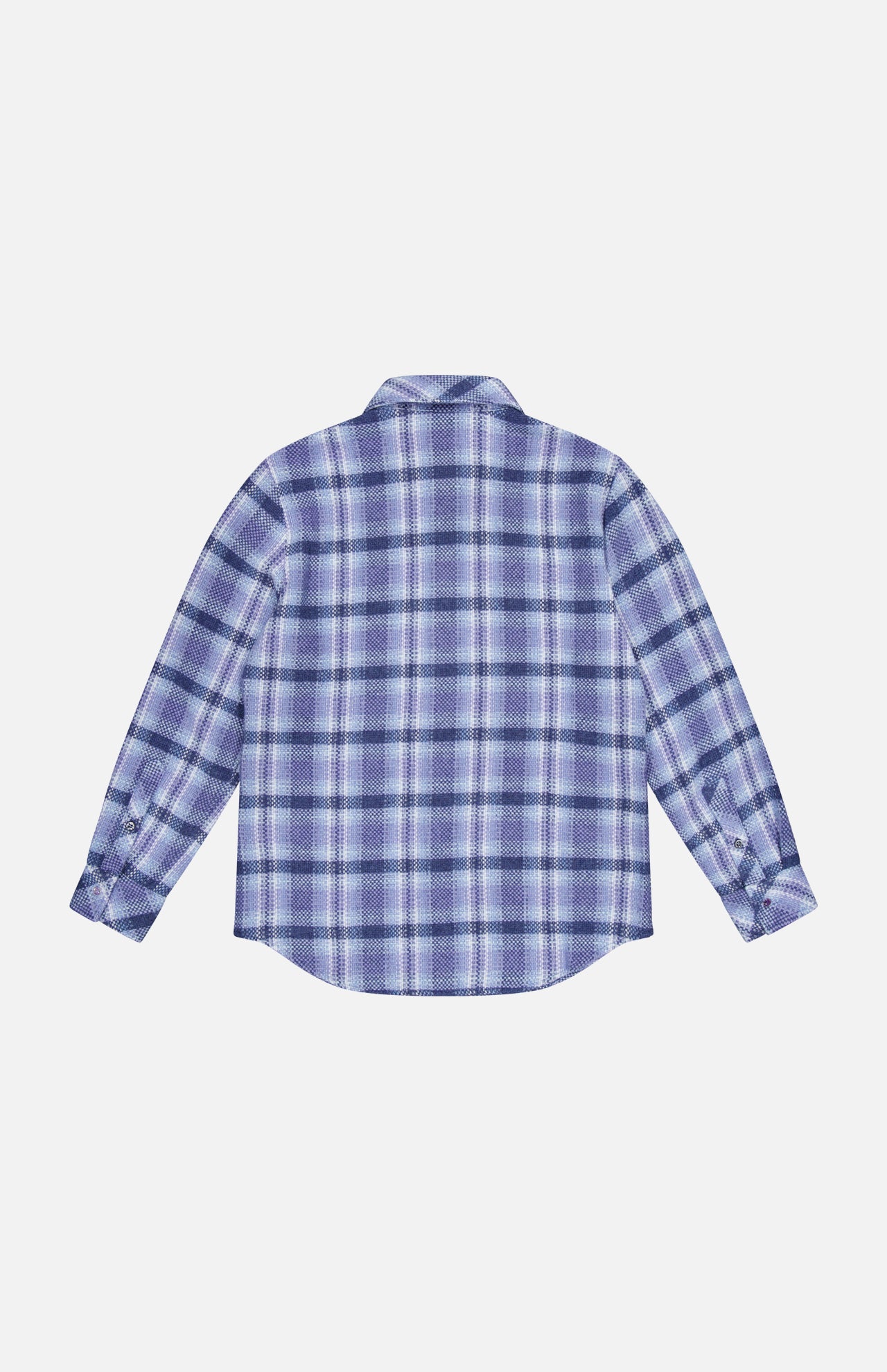 A God’s True Cashmere Plaid Cashmere Shirt with Amethyst Button, featuring a blue, purple, and white plaid pattern and long sleeves, is laid flat facing backward on a plain white background.