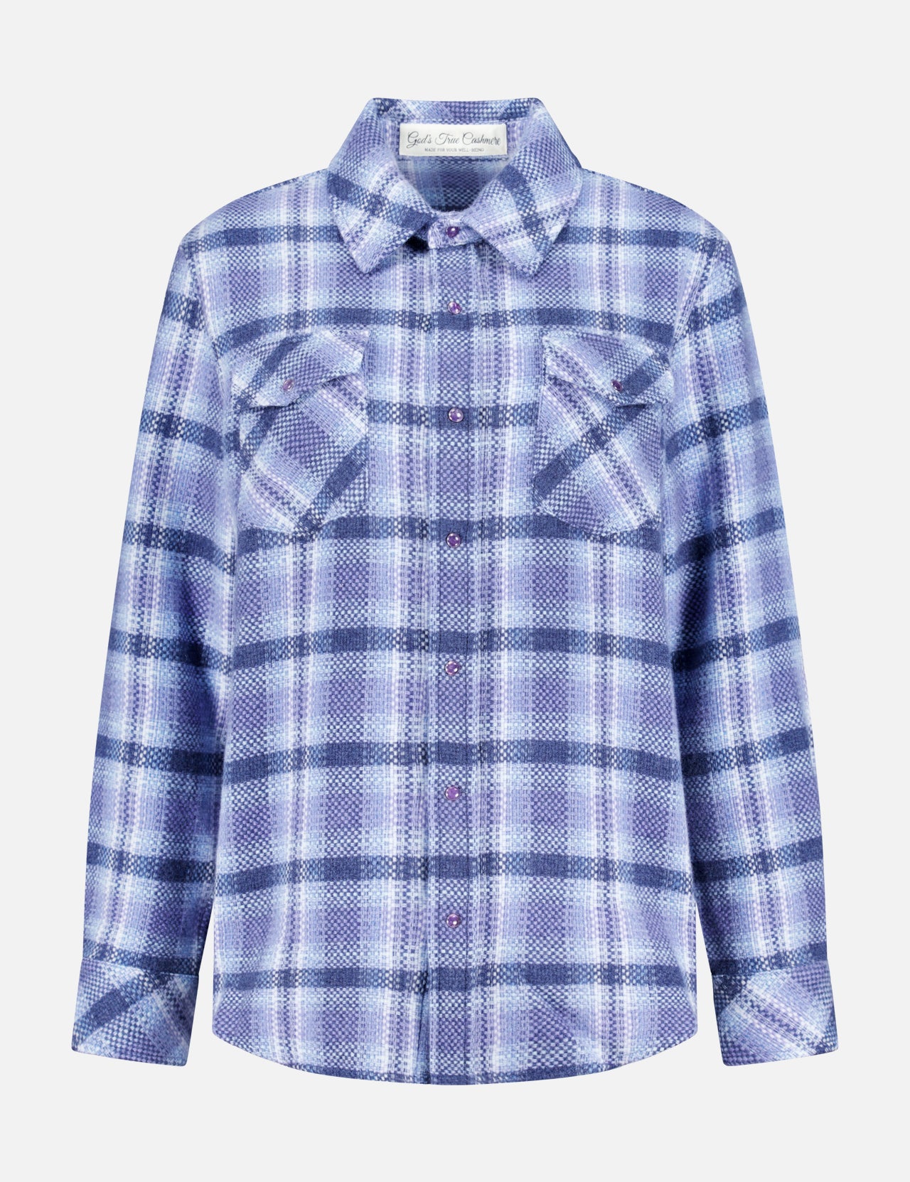 The Plaid Cashmere Shirt with Amethyst Button by God’s True Cashmere features a blue and white plaid pattern, long sleeves, a collared neckline, and two chest pockets. Displayed on a plain white background, this classic unisex shirt is crafted for both comfort and style.
