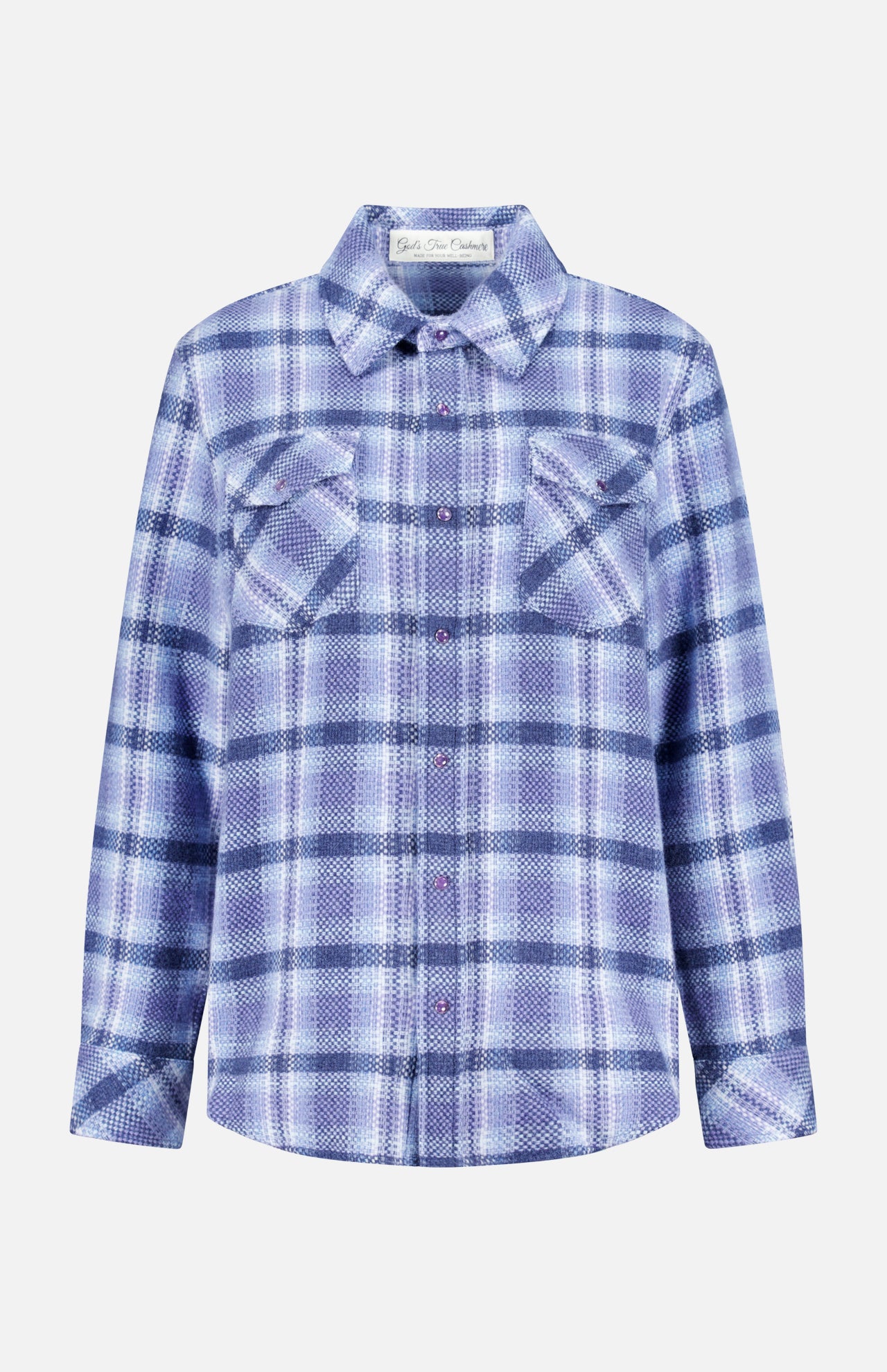 The Plaid Cashmere Shirt with Amethyst Button by God’s True Cashmere features a blue and white plaid pattern, long sleeves, a collared neckline, and two chest pockets. Displayed on a plain white background, this classic unisex shirt is crafted for both comfort and style.