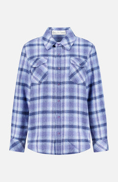 The Plaid Cashmere Shirt with Amethyst Button by God’s True Cashmere features a blue and white plaid pattern, long sleeves, a collared neckline, and two chest pockets. Displayed on a plain white background, this classic unisex shirt is crafted for both comfort and style.