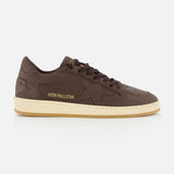 Side view of the BALLSTAR Leather Upper Sneaker by GOLDEN GOOSE in brown leather, featuring a star design, beige scuffed sole, and GGDB/BALLSTAR text on the side, photographed against a plain white background.