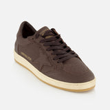 A dark brown Ballstar Leather Upper Sneaker by GOLDEN GOOSE, featuring a beige, slightly scuffed sole, black laces, perforated details, and gold GOLDEN GOOSE branding on the side, photographed on a plain white background.