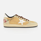 The GOLDEN GOOSE Ballstar Nabuk Upper And Tongue Sneaker features a tan and beige design, brown leather laces, white star logo, red heel lettering, black signature, and GGDB/BALLSTAR text on the side.