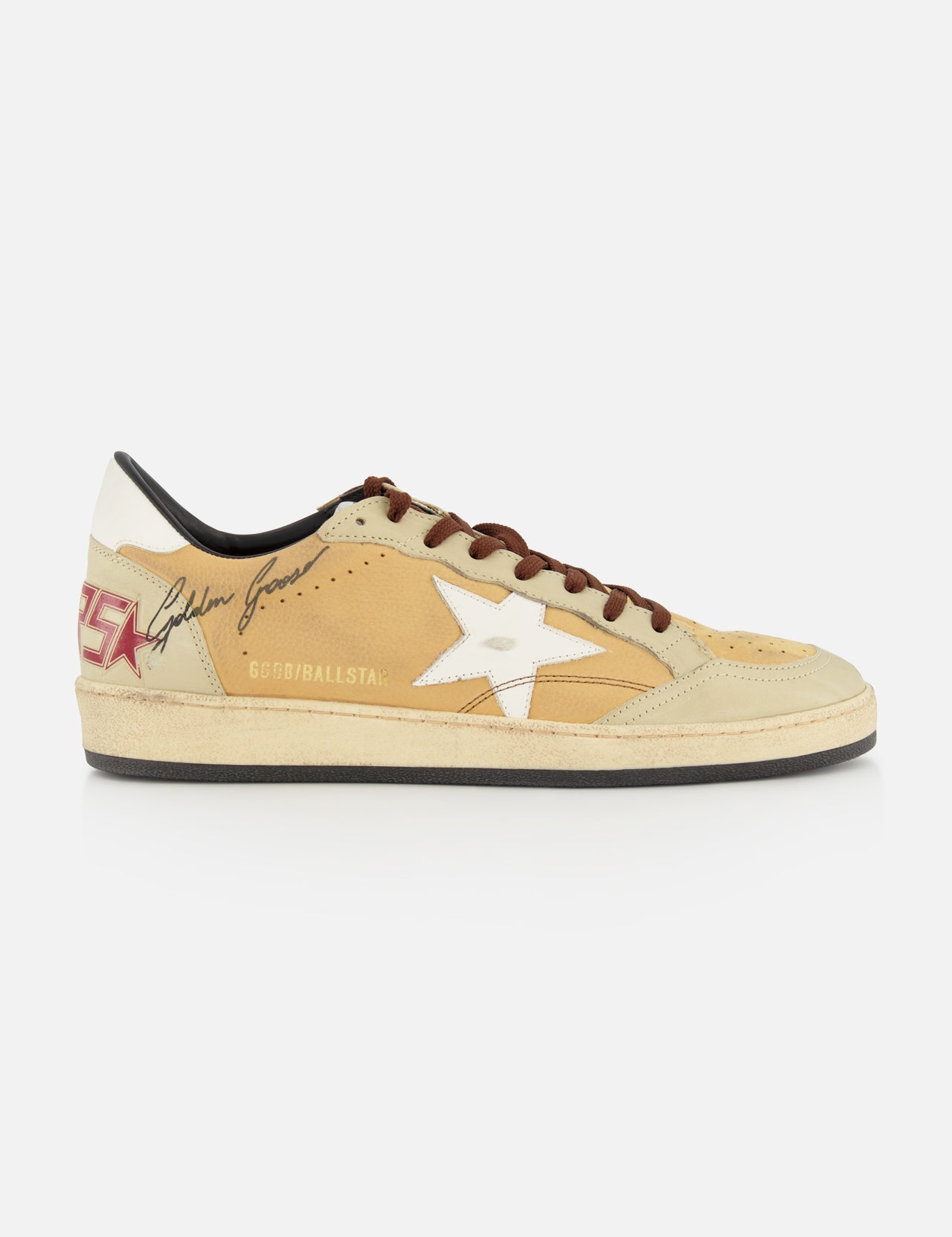 The GOLDEN GOOSE Ballstar Nabuk Upper And Tongue Sneaker features a tan and beige design, brown leather laces, white star logo, red heel lettering, black signature, and GGDB/BALLSTAR text on the side.